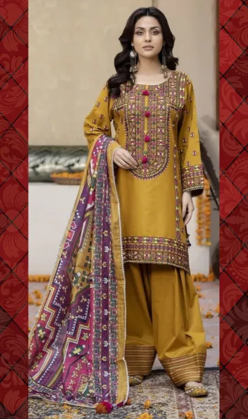 Pakistani Rangoon Stitched Cotton 3pcs _ Mustard Yellow
